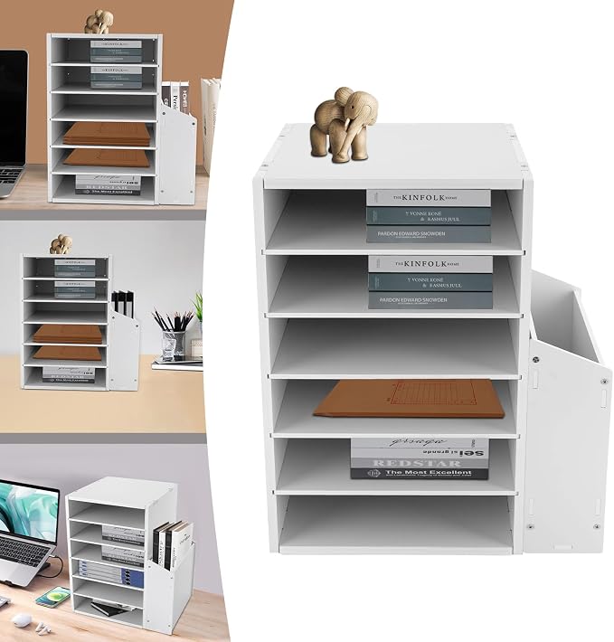 6-Tier File Organizer, 6 Slot Thick Board Desktop Mail Sorter w/Side Storage Cabinet, Adjustable Shelves File Sorter, Paper Organizer for Home School Office (White, 6 Slot)