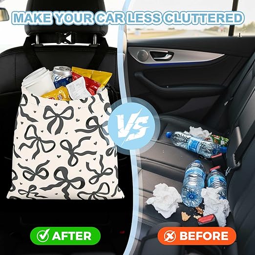 Black Bow Car Trash Bag - Waterproof Car Trash Bag Hanging Leakproof Car Garbage Bag - Washable Reusable Trash Bag for Car Interior Hanging Organizer Storage Vehicle Travelling Camping