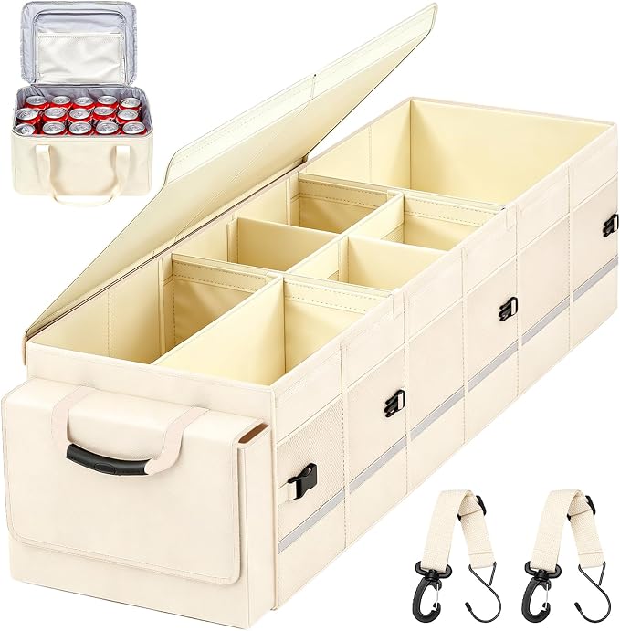 GDNasist Car Trunk Organizer and Storage with Lid & Removable Cooler Bag, Car Accessories 6 Removable Dividers for Custom Space, Collapsible Trunk Organizers Interior for SUV & Sedan, Large