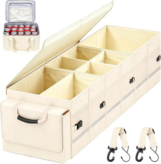 GDNasist Car Trunk Organizer and Storage with Lid & Removable Cooler Bag, Car Accessories 6 Removable Dividers for Custom Space, Collapsible Trunk Organizers Interior for SUV & Sedan, Large