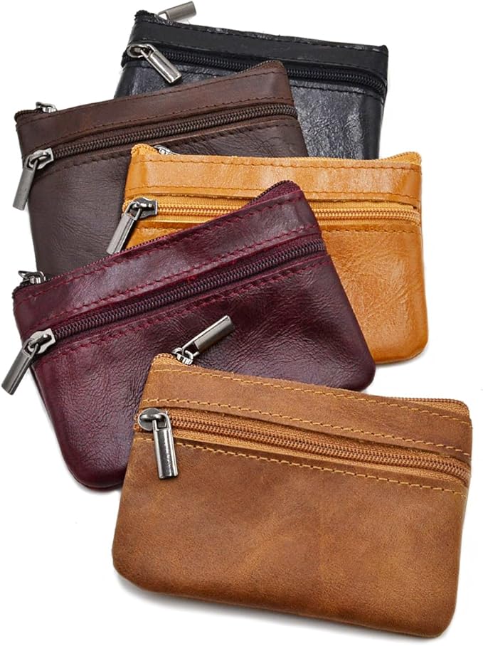 Freezx Women Genuine Leather Coin Pouch Zip Mini Purse Wallet Key Chain Double Zipper