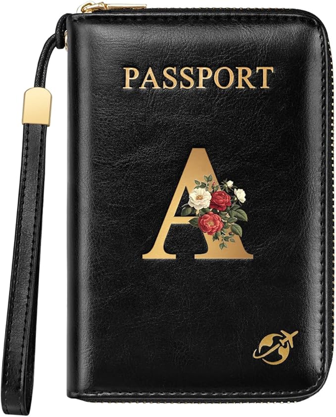 Passport Holder for Travel Women Wallet Personalized Roses Initial Letter A RFID Blocking Travel Wallets Passport Cover for Women, Valentine's Day Gift for Wife or Girlfriend, A