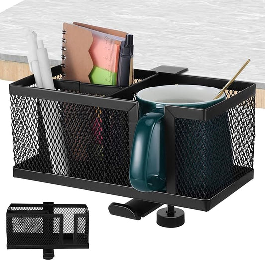 Operitacx Clip on Desk Organizer with Clamp Cup Holder and Phone Stand Multifunctional Desktop Storage for Pens and Accessories Space-Saving Black Desk Side Organizer for Home and Office