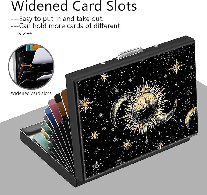 Credit Card Holder, Art Sun Moon Star Design Mini RFID Blocking Aluminum Wallet Slim Metal Hard Case Shell Travel Wallet ID Case Small Credit Cards Case Business Cards for Women Men Girls