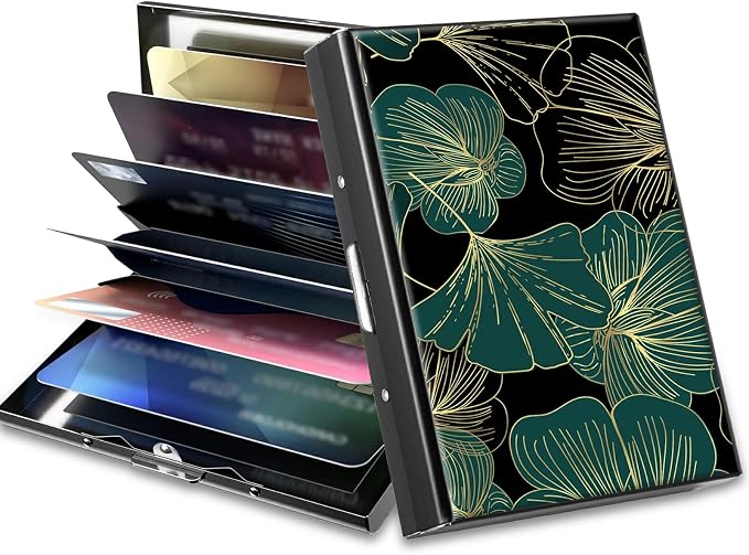 Slim Credit Card Holder, Art Leaf RFID Blocking Metal Wallet for Men & Women, Aluminum Minimalist Hard Case Pocket-Sized Business Cards Organizer (Fits Up to 10 Cards)