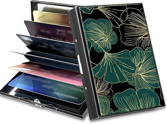 Slim Credit Card Holder, Art Leaf RFID Blocking Metal Wallet for Men & Women, Aluminum Minimalist Hard Case Pocket-Sized Business Cards Organizer (Fits Up to 10 Cards)