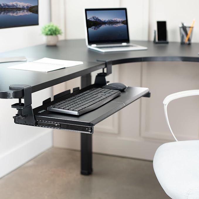 VIVO Large Pull Out Keyboard Tray for Corner Desk, 27 (33 Including Clamps) x 11 inch Slide-Out Platform Computer Drawer, 90-Degree Swivel C-Clamps for L-Shaped Workstation, Black, MOUNT-KB10C