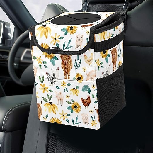 Car Trash Can with Lid Boho Floral Highland Cow Pig Collapsible Reusable Leak-Proof Auto Garage Bag,Hanging Vehicle Car Accessories Interior Car Organizer
