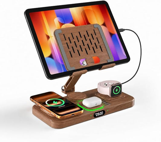 Magnetic Charging Station for Apple Multiple Devices, Wireless Charger with Clock & Light, Foldable Wired Charging Stand for iPad/Tab, Mag-Safe Charger for iPhone 17, for Apple Watch for AirPods