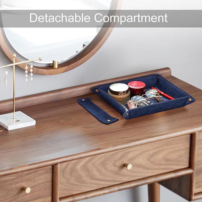 SITHON Valet Tray Desktop Storage Organizer, Removable 2 Compartments Catchall Tray Bedside Vanity Nightstand Caddy Holder Desk Storage Plate, Dark Blue
