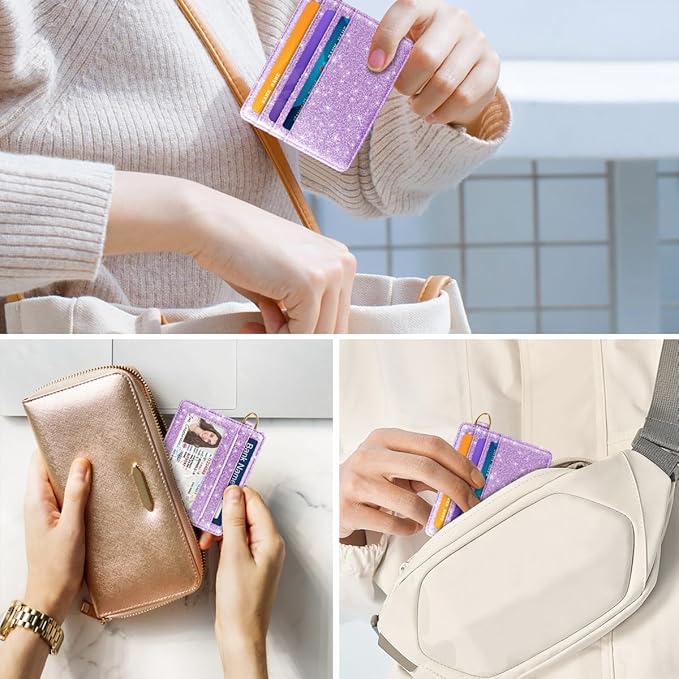 Slim Minimalist Front Pocket RFID Blocking Credit Card Holder Small Wallet Cute Card Cases for Women,Glitter Purple