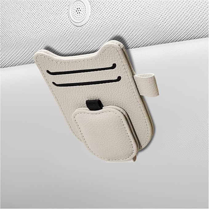 Sunglasses Holder for Car Visor, Magnetic Auto Sun Visor Organizer with Ticket & Pen Clip, Multi-Pocket Leather Eyeglass Clip Interior Accessories for Most Vehicles (Beige)