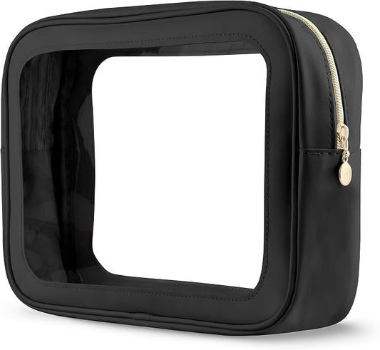 Clear Makeup Bag for Women, Large 11-Inch Transparent Travel Toiletry Bag, PU Leather Cosmetic Pouch Organizer with Smooth Gold Zipper, Portable Wash Bag for Luggage & Carry-on (Beige/Black)