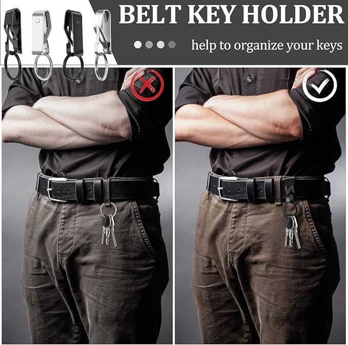 Moxweyeni 4 Pieces Belt Key Clip Key Holder Security Metal Keychain Clip Ring for Men Home Office Supplies(Black, Silver)