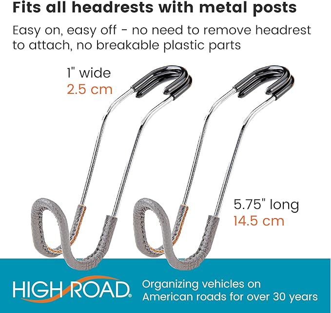 High Road Car Hooks for Purses and Bags with Leather Trim - Unbreakable Headrest Car Hooks for Large Purse Straps and Heavy Bags up to 40 lbs - Secure Attachment Loops Fit All Headrest Posts, 2-Pack