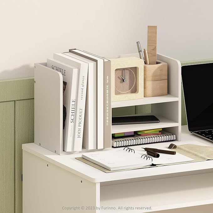 Furinno HERMITE Desk Organizers and Accessories with File Holder, Office Organization, Desk Top Book Shelf, for Office Supplies, Desk Accessories, White