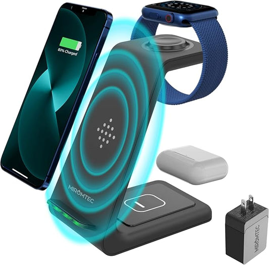Charging Station for Multiple Devices,3 in 1 Fast Charging Dock for iPhone Series 14/13/12/11/X/8 Plus,Airpods, Desk Wireless Charger for Apple Watch 8/Ultra/7/6/SE/5/4/3/2 with QC3.0 Wall Adapter