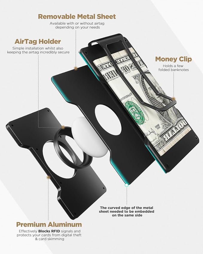 VULKIT Men's Metal Wallet with Money Clip, Slim Credit Card Holder with Airtag Holder, Minimalist Front Pocket Wallet for Men(Black)