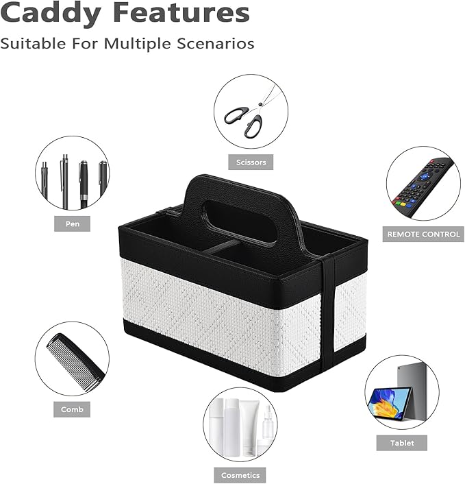 Desk Organizer Caddy with Handle-Portable PU Leather Remote Control Holder-Nightstand Dresser Tote Storage for Sunglasses,Comb,Small iPad,Pen,Heater Controllers,Cosmetics and Office Supplies
