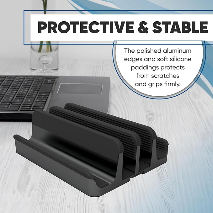Elestoria 4- Slot Vertical Laptop Stand - Aluminum Laptop Stand Vertical for Desk - Fits MacBook Pro/Air, Surface, Mobiles & Gaming Laptops up to 17.3" - Heavy Duty Laptop Holder for Desk - Black