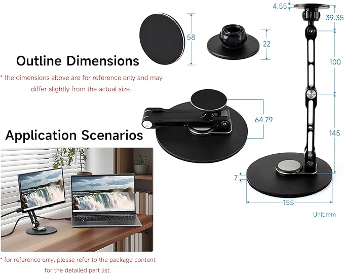 Portable Magnet Monitor Adjustable Stand Magnetic N52 Neodymium, Compatible with 4~18.5inch Monitors, Supports Multi-axis Rotation, Comes with Magnetic Metal Rings, Foldable for Easy Storage