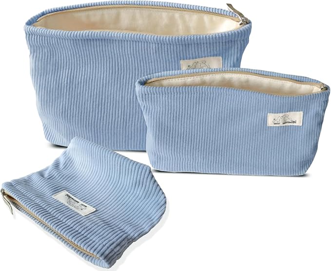 HAPPYHEIDI Corduroy Makeup Bag Set 3 w Compartment Cosmetic Toiletry Travel Pouch Purse Organizer, 3-Size, Soft Misty Blue