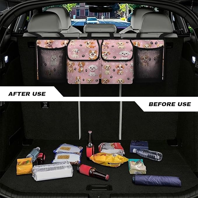Cute Dog Car Trunk Organizer Back Seat Hanging with 4 Pockets Auto Trunk Storage Bag Multipurpose Cargo Accessory Space Saving Facilitator for SUV Truck Sedan