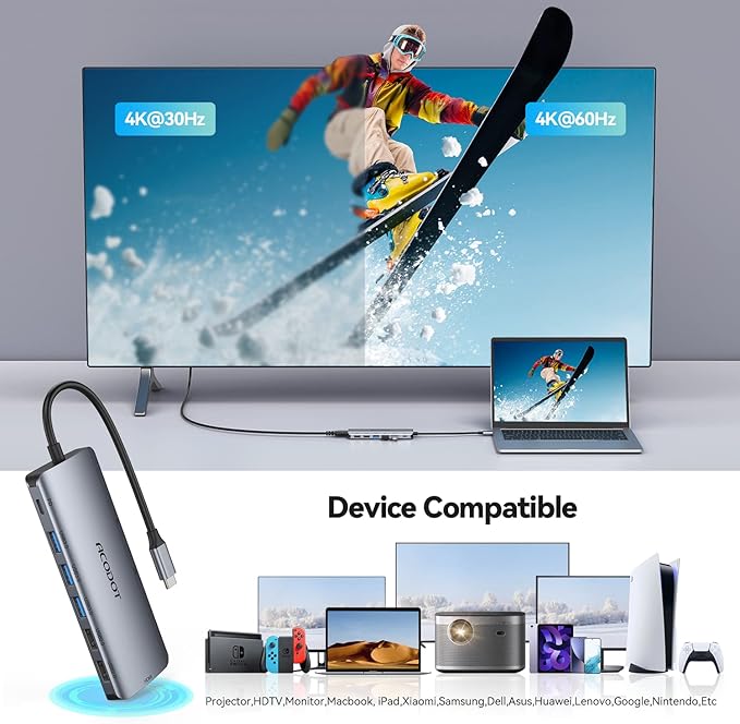 USB C Hub, 9 in1 Multi-Port USB Adapter for Laptop/Mac, 4K@60Hz USB C to HDMI Splitter, 100W Max PD, 3 USB3.0 + 2 USB2.0 Data Ports, SD/TF Card Reader, for Type C Devices