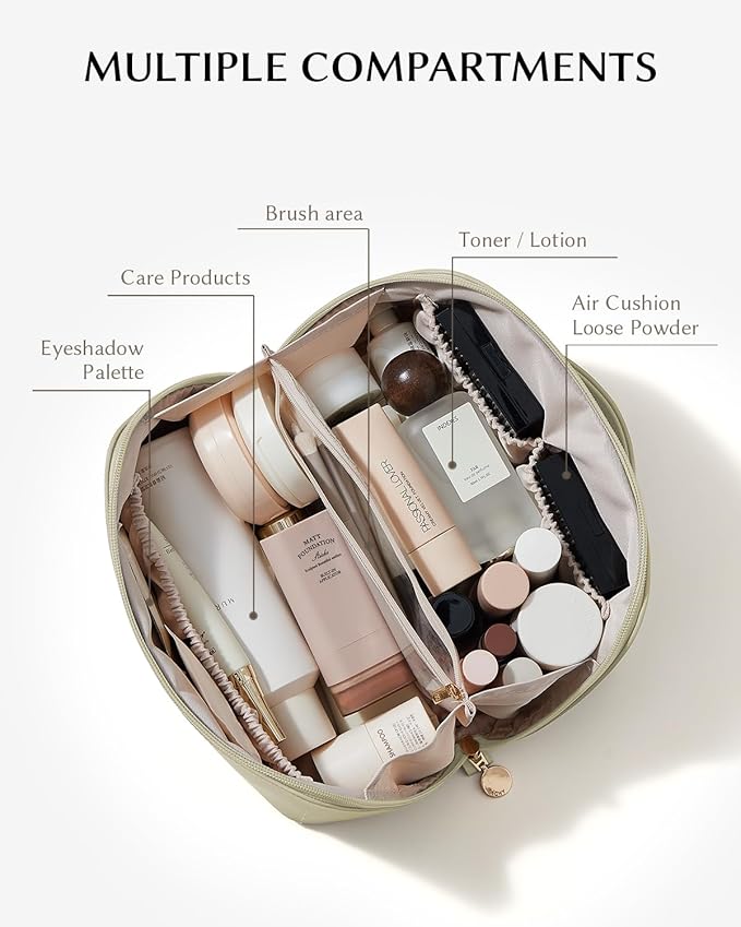 EACHY Travel Makeup Bag, Large Capacity Cosmetic Bag for Women, Waterproof PU Leather, Flat Open Portable Toiletry Bag for Skincare, Brushes & Travel Essentials
