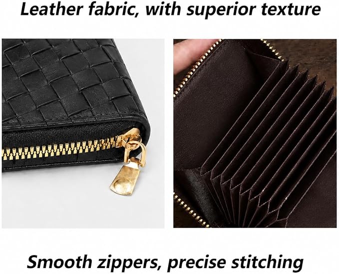 Ladies change card bag, zip storage bank card case, small portable 11 large capacity pouch, holds banknote change credit card(Braided pattern in black)