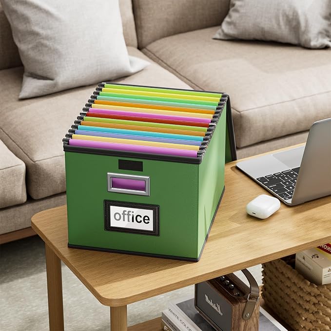 File Organizer Box with Lid, Collapsible Faux Leather Document Organizer, Hanging File Folder Box with Plastic Slide, Decorative Filing Boxes Cabinet for File and Folders Storage(Green)