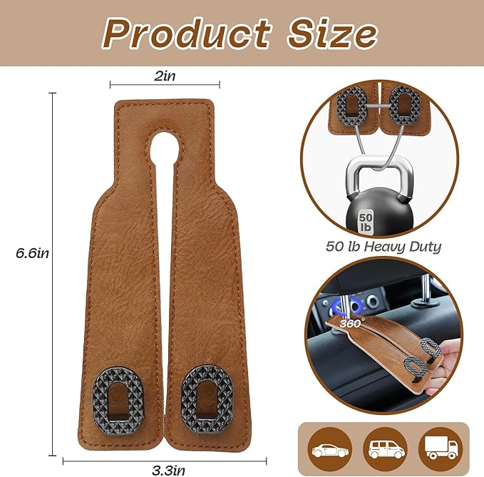 Car Headrest Hooks Universal Car Purse Hook Premium Leather and Alloy Twin Hook Car Seat Back Storage Hanger Hook for Purse Bags Cloth Drink Durable Holder Car Accessories (BH09-Brown-Black-4 Pcs)