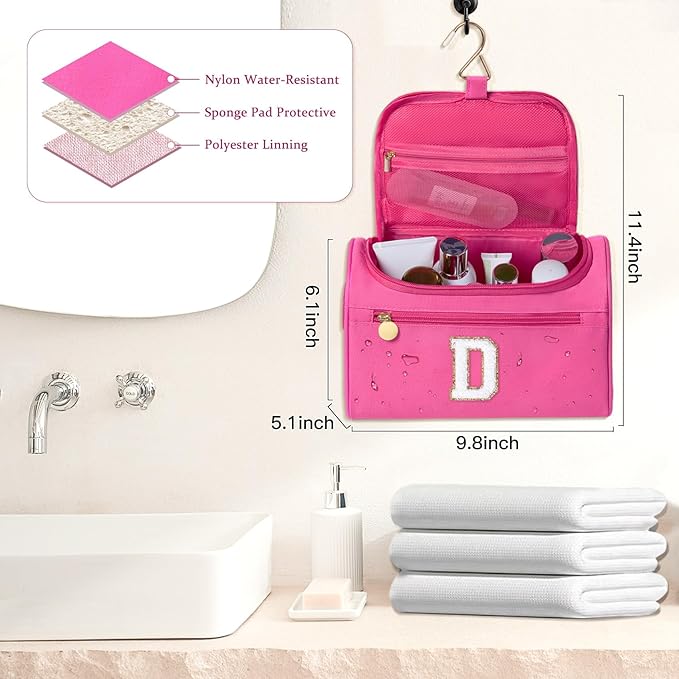COSHAYSOO Initial Girls Hanging Toiletry Bag Tween Preteen Teenager Valentines Day Birthday Gifts Basket Stuffers for Teen Girl 10-12 12-14 16-18 Travel Trip Favors College Dorm Gift Pink Letter D