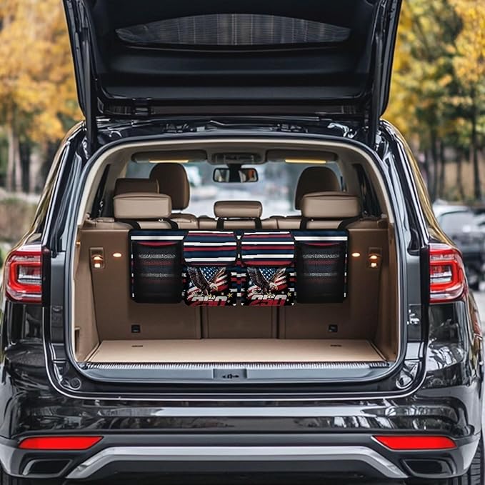 Eagle Flag Hanging Car Organizer Backseat Hanging Storage Bag with 4 Pockets & 3 Adjustable Straps Large Capacity Cars Trunk Organizer Suitable for Most Cars,SUV,Sedan