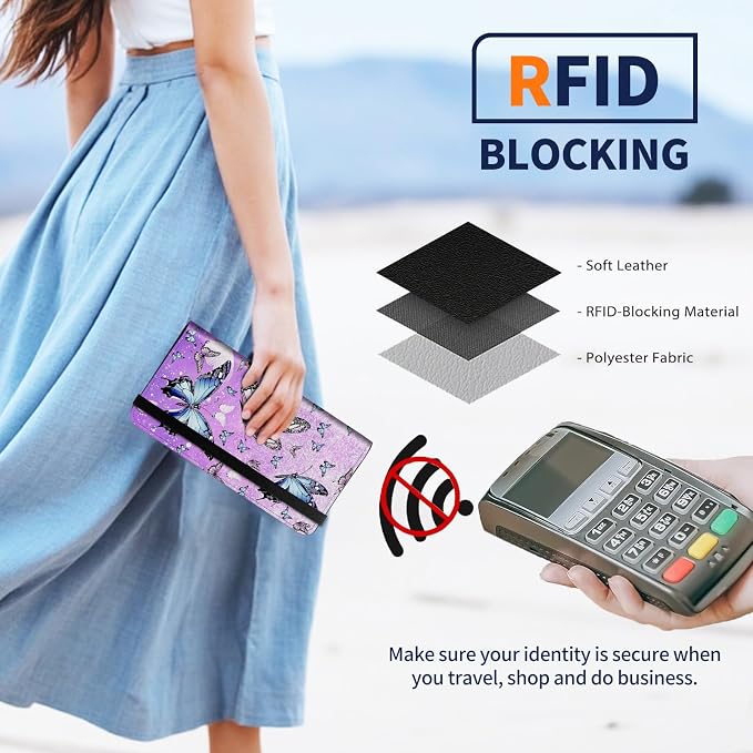 Premium PU Leather Checkbook Cover for Men & Women,RFID Blocking Slim Check Book Holder with Duplicate Check Divider & Pen Holder,Fits Standard Personal Checks,Butterflies Purple