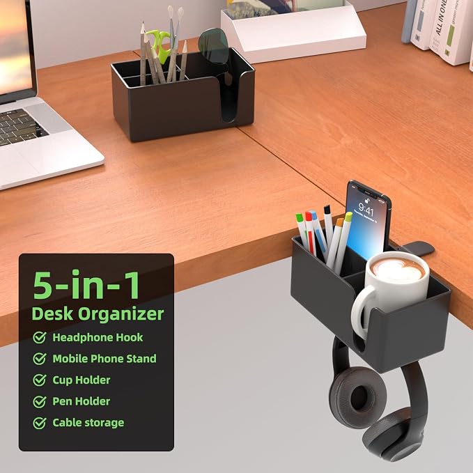 CUBE TECH 5 in 1 Desk Pencil Holder - Clamp on Under Desk Headphone Hanger - Rotating Headphone Holder Detachable Pen Holder Desktop Storage