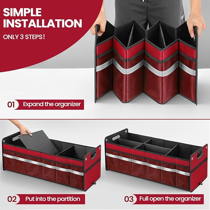 winhunt Car Trunk Organizer, Car Storage Organizer, Collapsible Multi Compartment for Car, Suv, Sedan, Truck, 100L, Extra Larger (Red, 100L)
