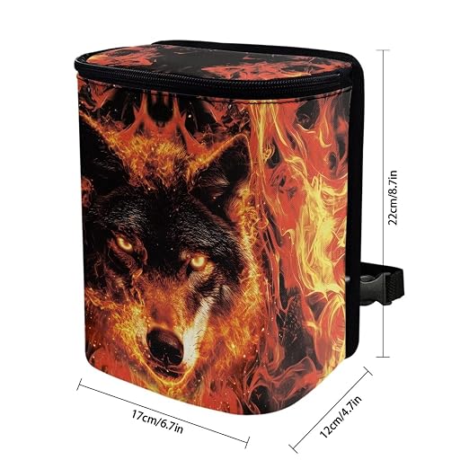 Talayituse Wolf Fire Print Car Trash Can with Lid, Leak Proof Auto Trash Bag Hanging Vehicle Garbage Can Multipurpose Storage Container for Back Seat Road Trip