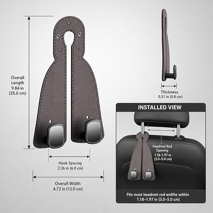 2 Pack Leather Car Seat Back Double Hooks - Heavy Duty Metal Core Headrest Hangers for Purses, Bags & Groceries - Anti-Drop & Scratch-Free Auto Interior Organizer Holder (Brown)