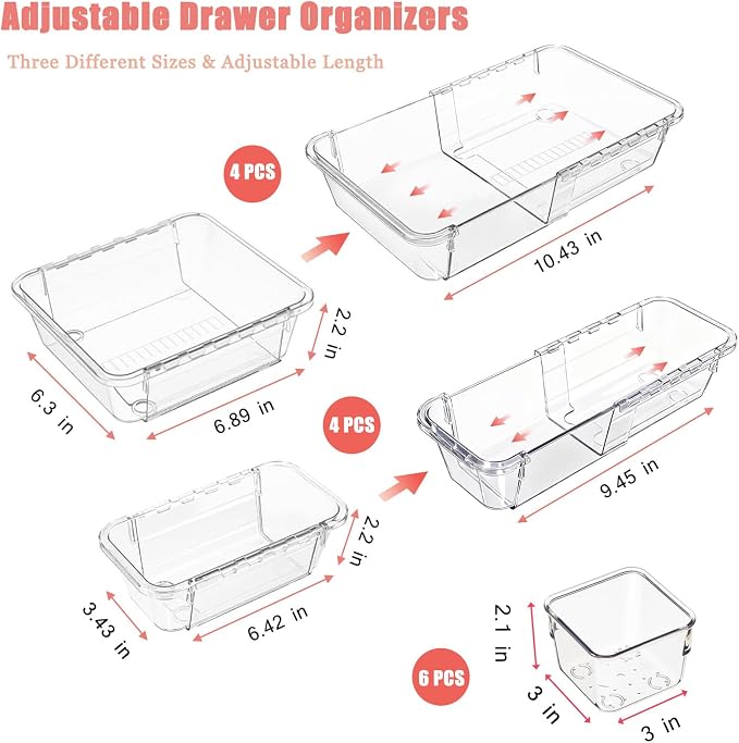 Extendable Drawer Organizer, 14 pcs Bathroom & Vanity Adjustable Drawer Organizers Tray, 3-size Clear Plastic Storage Bin for Makeup, Office Desk, Kitchen, Bedroom, Cabinet Drawer