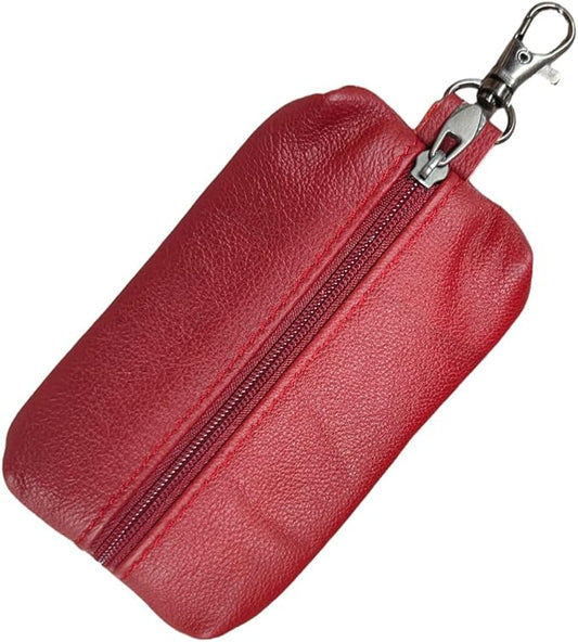 Leather Car Key Case Holder, Auto Smart Key Fob Protector Pouch with Zipper, Universal Unisex Keychain Wallet (Red)