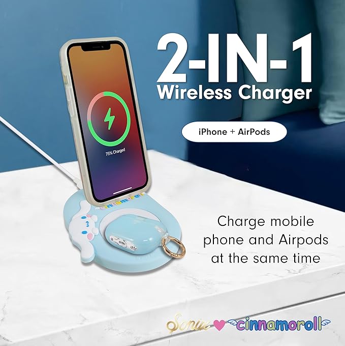 Sonix x Sanrio MagSafe Compatible 2-in-1 Charger Stand, Magnetic Wireless Charging Station for iPhone 17/16/15/14/13/12, AirPods Pro w/USB-C Cable | Cinnamoroll