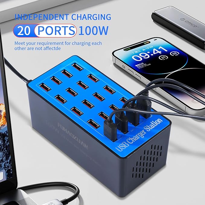 USB Charging Station,100W 20-Port Multi Device Charger with Intelligent Safety Features,Charging Station for Multiple Devices Phone,Watch,Pad,Speakers,Headphones,PS Compact for Home,Office,Travel