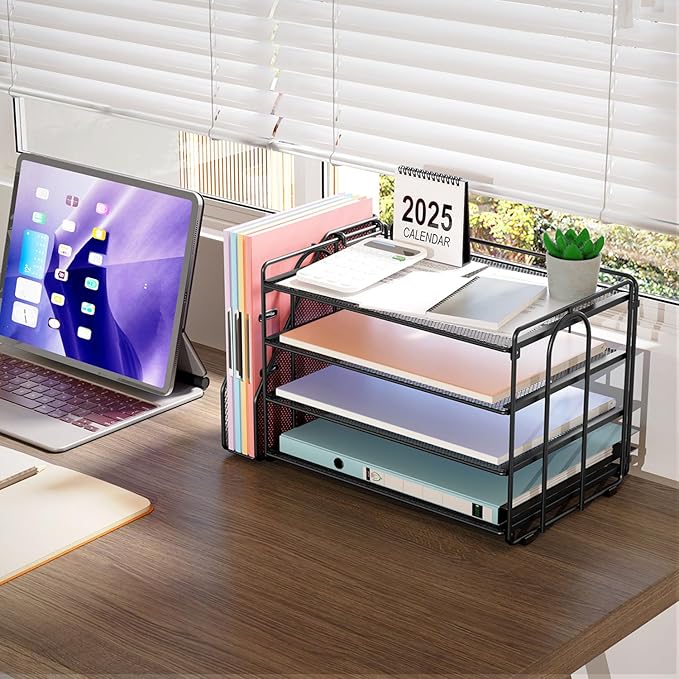 gianotter Dual Monitor Stand Riser + 4-Tier Paper Organizer (Black)