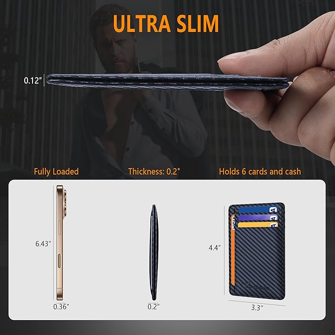 Travelambo Front Pocket Minimalist Leather Slim Wallet RFID Blocking Carbon Fiber Texture