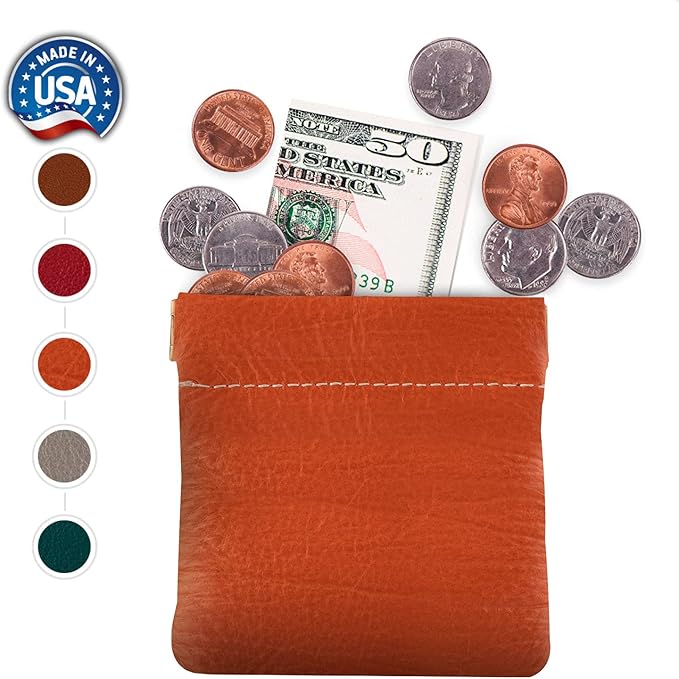 Nabob Leather Genuine Leather Squeeze Coin Purse, Coin Pouch Made IN U.S.A. Change Holder For Men/Woman Size 3.5 X 3.5 (Orange)
