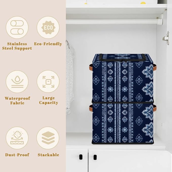 Storage Bins With Zipper Lid, Collapsible Trunk Organizer, Car Organizers and Storage Bins with Lids, Decorative Storage Boxes with Handle, Home Storage Baskets (Tribal-floral Vintage Blue)