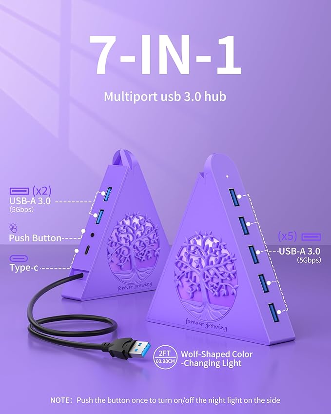7-Port USB 3.0 Hub, Deep Purple Vertical USB Expander with Tree RGB Lighting, 5Gbps Data Transfer, 2FT Cable, Compatible with Laptop, Desktop, PS5, Xbox, Printer, Flash Drive, HDD