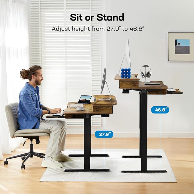 HUANUO 55" x 26" Electric Standing Desk with 2 Drawers & 26.7" Large Keyboard Tray, C-Clamp Mount Compatible, Adjustable Computer Desk for Home Office, Stand Up Desk with 4 Height Presets, Vintage