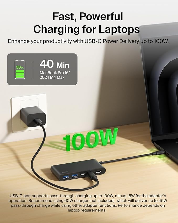 Belkin USB C Hub, 5-Port Hub With 4K HDMI Display @ 60Hz, 100W Power Delivery, Fast Data Transfer 5Gbps, USB C Multiport Adapter for iPad Pro, Chromebook & More, MacBook Accessories with HDMI 2.0 port